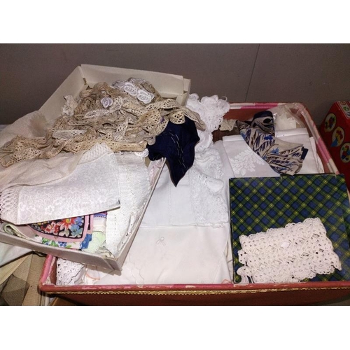 1040 - 2 boxes of textiles including vintage household linens, silk handkerchiefs & embroidered lines etc.