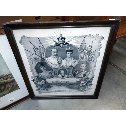 38 - A framed & glazed print 'When peace succeeds War' & 2 Royal related prints (glass A/F). COLLECT ONLY... 