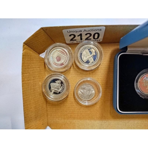 2120 - 5 various silver proof £1 coins in 1998 Guernsey. 2000 & 3 x 2003 pattern & 1963 sixpence