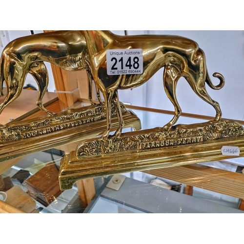 2148 - A pair of Victorian brass Greyhound fireside/ door stops titles Fardon Ferry & Col North Fullerton