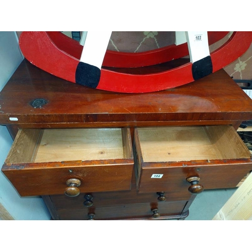 104 - A Victorian mahogany veneered chest of drawers height 105cm, 99cm x 45cm, COLLECT ONLY.