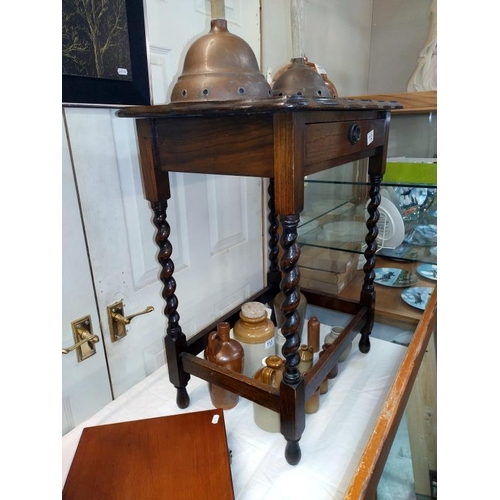 112 - 1930's oak side table with barley twist legs and drawer, COLLECT ONLY.