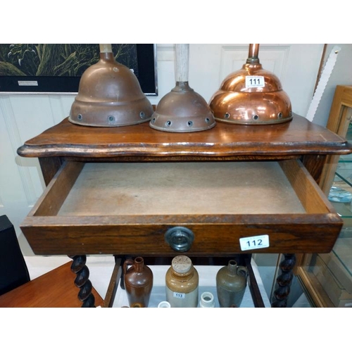 112 - 1930's oak side table with barley twist legs and drawer, COLLECT ONLY.