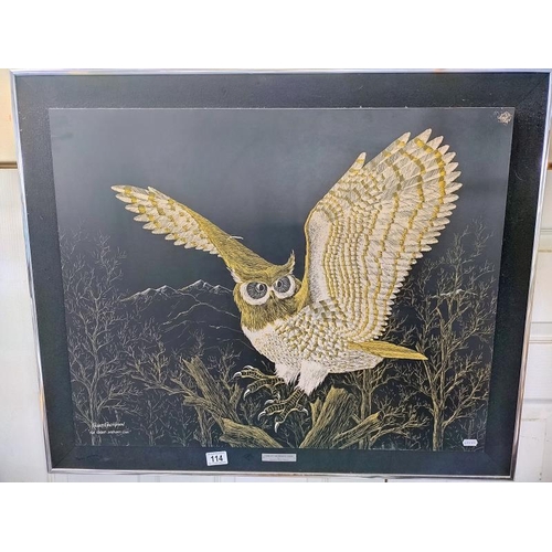 114 - A large picture of a great horned owl by Richard Reid Mason (87cm x 72cm,) COLLECT ONLY.