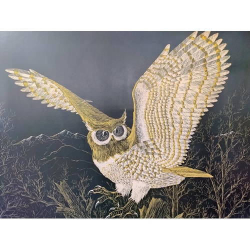 114 - A large picture of a great horned owl by Richard Reid Mason (87cm x 72cm,) COLLECT ONLY.