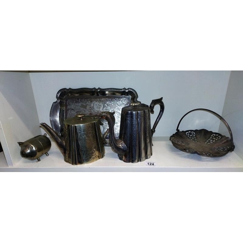 124 - Silver plated tea/coffee pots, trays and pig moneybox