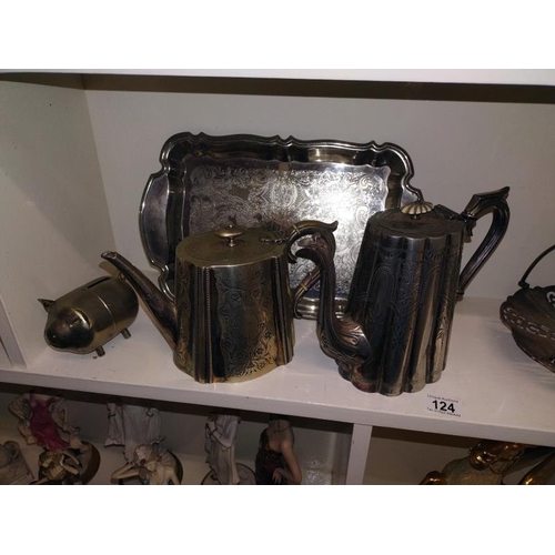 124 - Silver plated tea/coffee pots, trays and pig moneybox