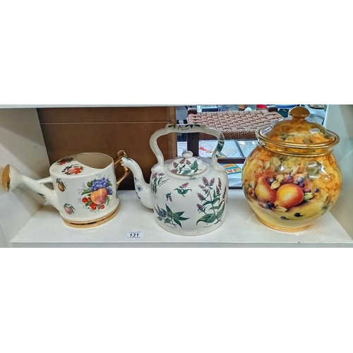 131 - 5 large pottery teapots, watering can and rum toft, COLLECT ONLY.