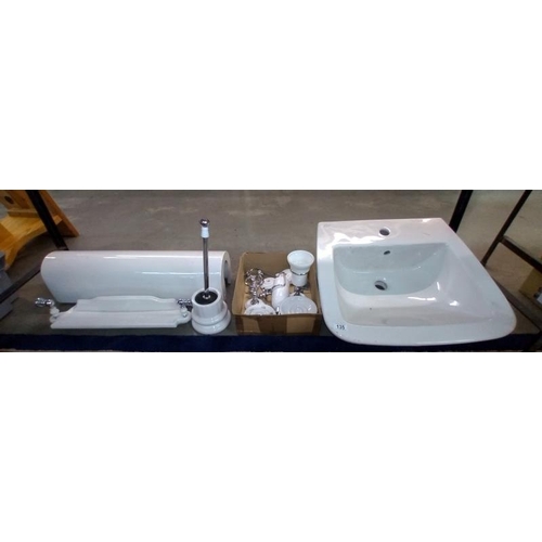 135 - A white bathroom sink and quantity of bathroom accessories, COLLECT ONLY.