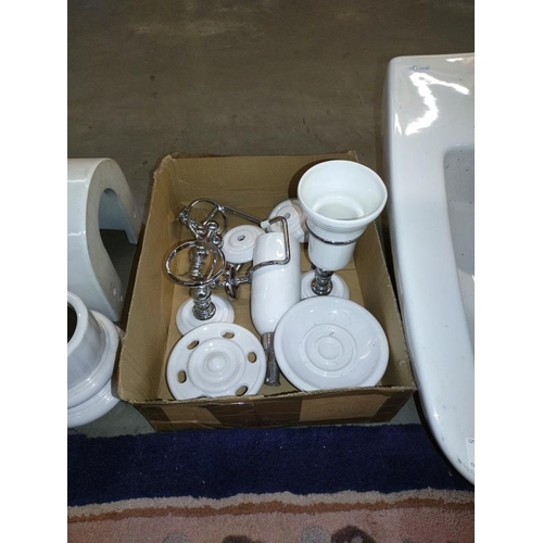 135 - A white bathroom sink and quantity of bathroom accessories, COLLECT ONLY.