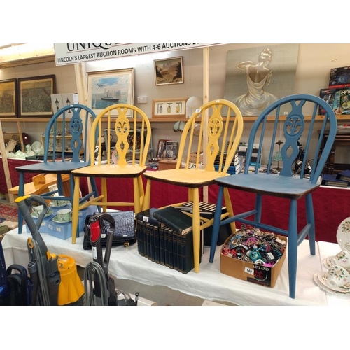 136 - 4 Ercol chairs, all painted, 2 blue and 2 lemon, COLLECT ONLY.