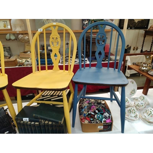 136 - 4 Ercol chairs, all painted, 2 blue and 2 lemon, COLLECT ONLY.