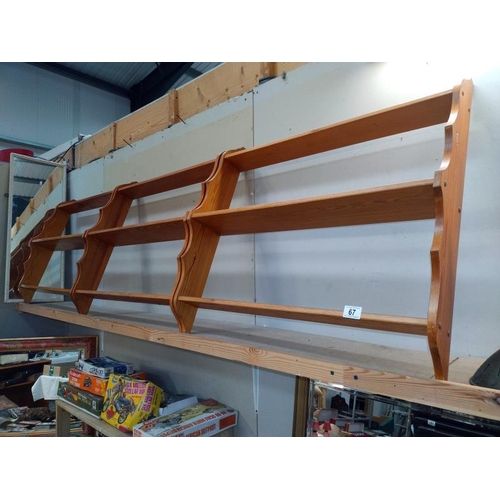 67 - 3 pine kitchen wall shelves or hobby display shelves, COLLECT ONLY.