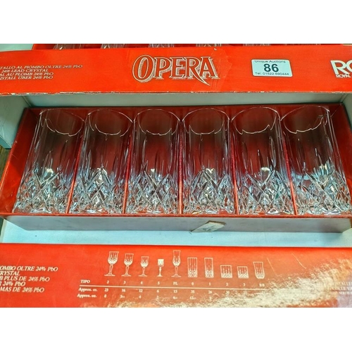 86 - 3 boxed sets of RCR Royal Crystal Rock opera wine glasses, COLLECT ONLY.