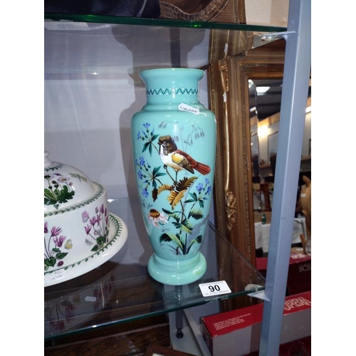 90 - A hand painted Victorian glass vase (hole drilled at base for electric light fitting)