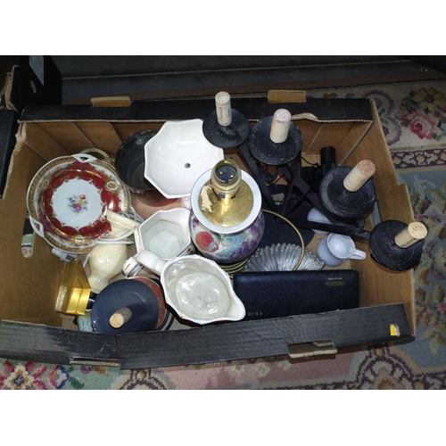 192 - A box of miscellaneous including lamp, candlestick, china & binoculars, etc.  COLLECT ONLY.