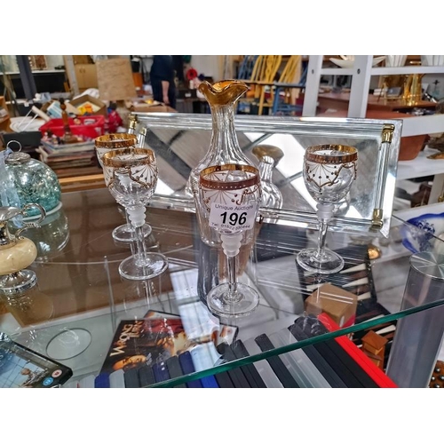 196 - A lot of Sherry glasses, mirror trays and a carafe. A/F  COLLECT ONLY.