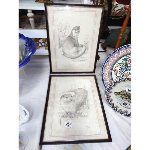 201 - Two black and white prints of Otters