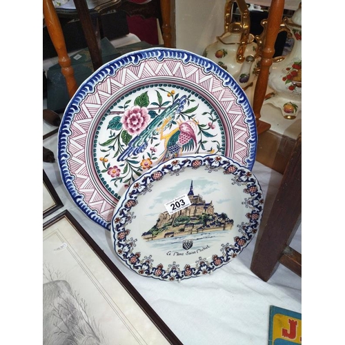 203 - A Limoge Mont St. Michel plate and a Portuguese hand painted charger. COLLECT ONLY.