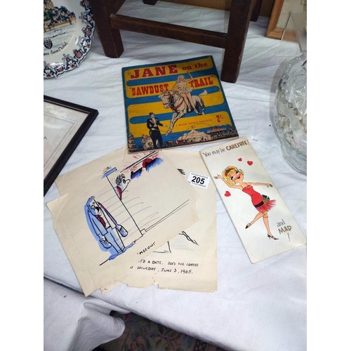 205 - Three 1965 Satirical watercolours, vintage risque valentine card and Jane on the sawdust trail comic... 