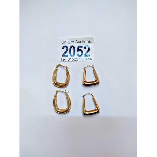 2052 - Two pairs of 9ct gold hoops. (One has slight dent)