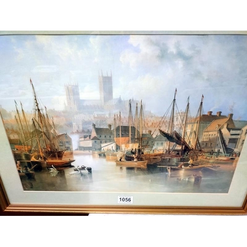 1056 - A gilt frame of 19th Century Brayford Pool and Lincoln Cathedral 64cm x 49cm.  COLLECT ONLY.