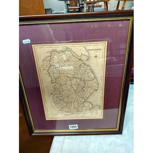 1060 - A framed copy of a vintage map of Lincolnshire. 49 cm x 41.5cm. COLLECT ONLY.