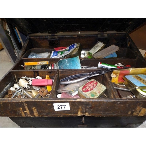 277 - An old pine tool box and contents.  COLLECT ONLY.