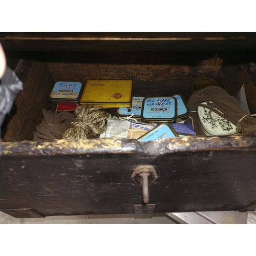 277 - An old pine tool box and contents.  COLLECT ONLY.