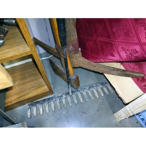 333 - A HD paving rake, Hickory shaft axe and a pick axe.  COLLECT ONLY.