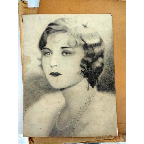 2075 - A portfolio of drawings by a talented amateur artist from 1920's. 14 drawings including film stars a... 