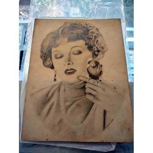 2075 - A portfolio of drawings by a talented amateur artist from 1920's. 14 drawings including film stars a... 