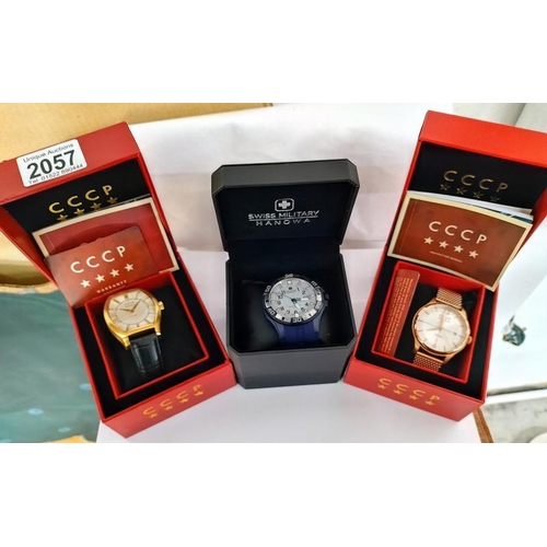 2057 - Two new and boxed CCCP watches and a new boxed Swiss military Hanowa watch.