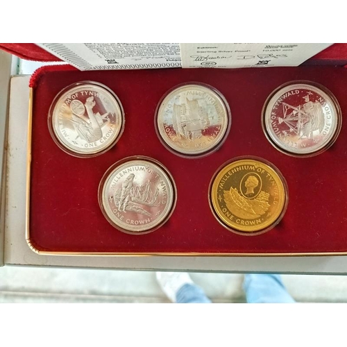 2079 - A boxed set of Isle of Man, Sterling Silver proof crowns, 1000th anniversary of Tynwald, Falkland Is... 