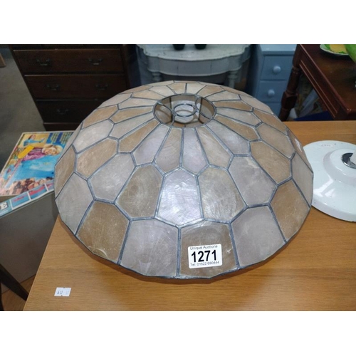 1271 - A vintage leaded and celluloid/ plastic flying saucer shape lamp shade. D 39cm x 19cm. COLLECT ONLY.