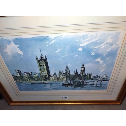 1301 - A large gilt framed signed print of the Palace of Westminster. 72cm x 57cm. COLLECT ONLY.