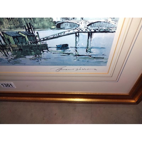 1301 - A large gilt framed signed print of the Palace of Westminster. 72cm x 57cm. COLLECT ONLY.