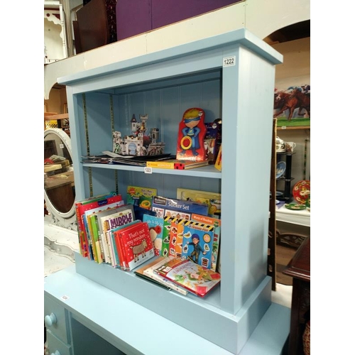 1222 - A blue painted bookshelf (only one shelf) Width 92cm, depth 33.5cm, height 97cm.  COLLECT ONLY.