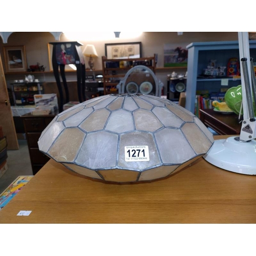 1271 - A vintage leaded and celluloid/ plastic flying saucer shape lamp shade. D 39cm x 19cm. COLLECT ONLY.