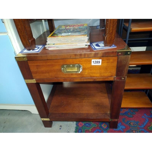 1289 - A brass bound mahogany side/tea table with draw. 46cm x 46cm x 51cm. COLLECT ONLY.