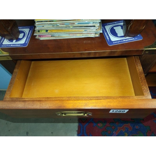 1289 - A brass bound mahogany side/tea table with draw. 46cm x 46cm x 51cm. COLLECT ONLY.