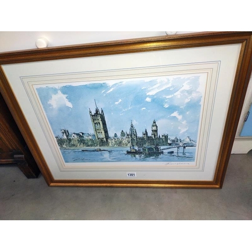 1301 - A large gilt framed signed print of the Palace of Westminster. 72cm x 57cm. COLLECT ONLY.