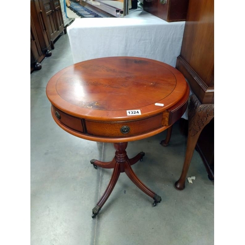 1324 - A mahogany drum top wine/tea table with two drawers. 51cm x 56cm.  COLLECT ONLY.