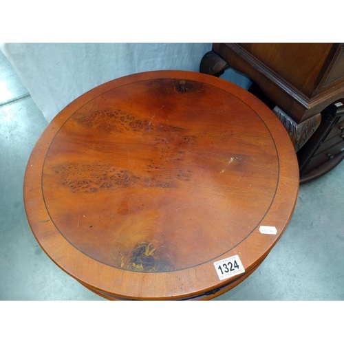 1324 - A mahogany drum top wine/tea table with two drawers. 51cm x 56cm.  COLLECT ONLY.