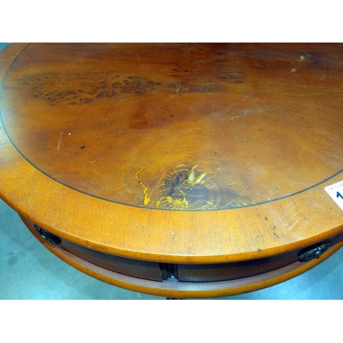 1324 - A mahogany drum top wine/tea table with two drawers. 51cm x 56cm.  COLLECT ONLY.