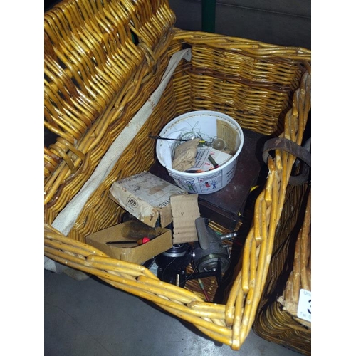 380 - Two wicker fishing creel baskets and contents. COLLECT ONLY.