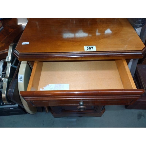 397 - A mahogany effect cupboard with drawer. 47cm x 37cm x Height 73cm. COLLECT ONLY.