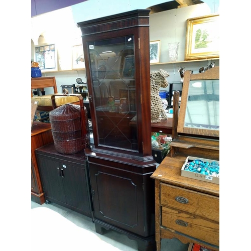 1240 - A dark wood stained corner cupboard with cut glass door panel 70 cm x 49cm x height 184 cm. COLLECT ... 