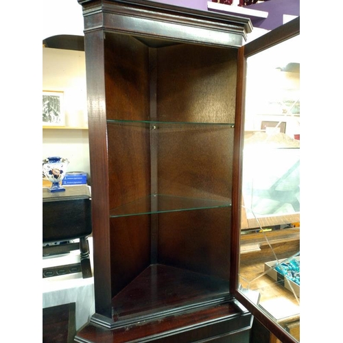 1240 - A dark wood stained corner cupboard with cut glass door panel 70 cm x 49cm x height 184 cm. COLLECT ... 