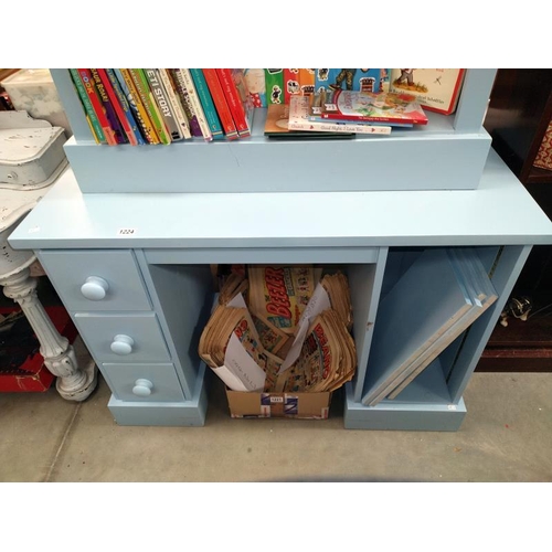 1224 - A blue painted pine desk. (110cm x 51cm x Height 77cm). Shelf brackets missing from shelves. COLLECT... 